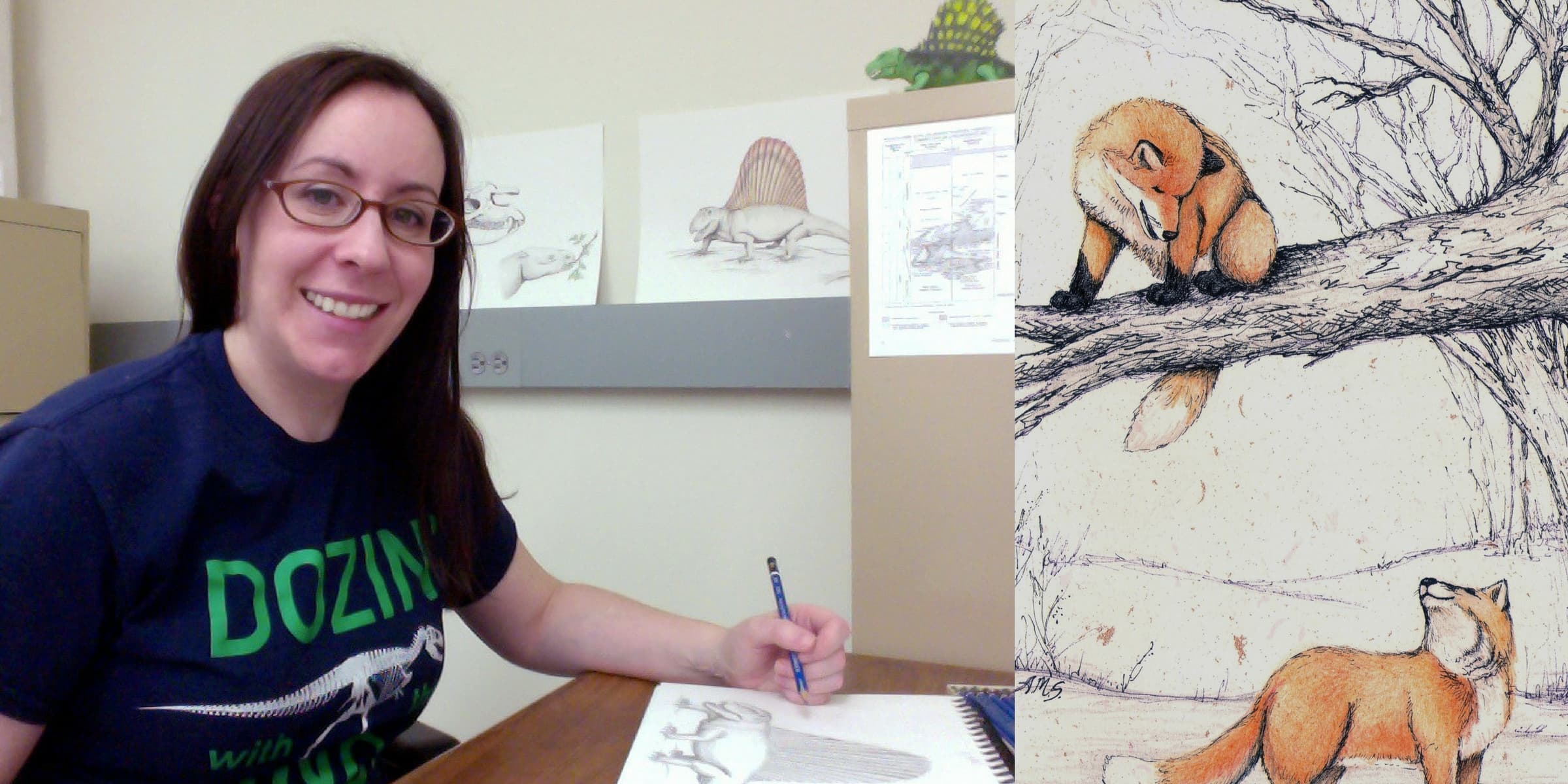 Side-by-side of a woman seated at a desk, working on a drawing, and a close-up of an illustration of orange foxes