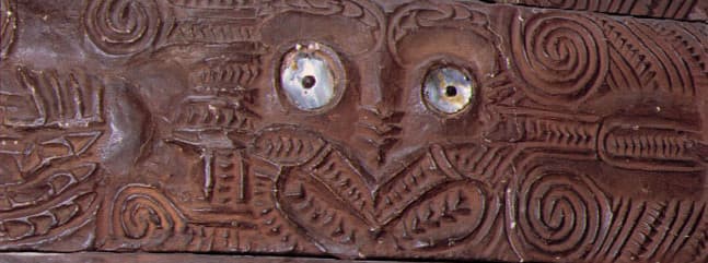 Detail of mahau - exterior porch panels from Ruatepupuke II – wharenui – Maori meeting house from Tokomaru Bay, New Zealand. Catalog Number 967.143961. © The Field Museum, A109973_15c, Photographer Ron Testa.