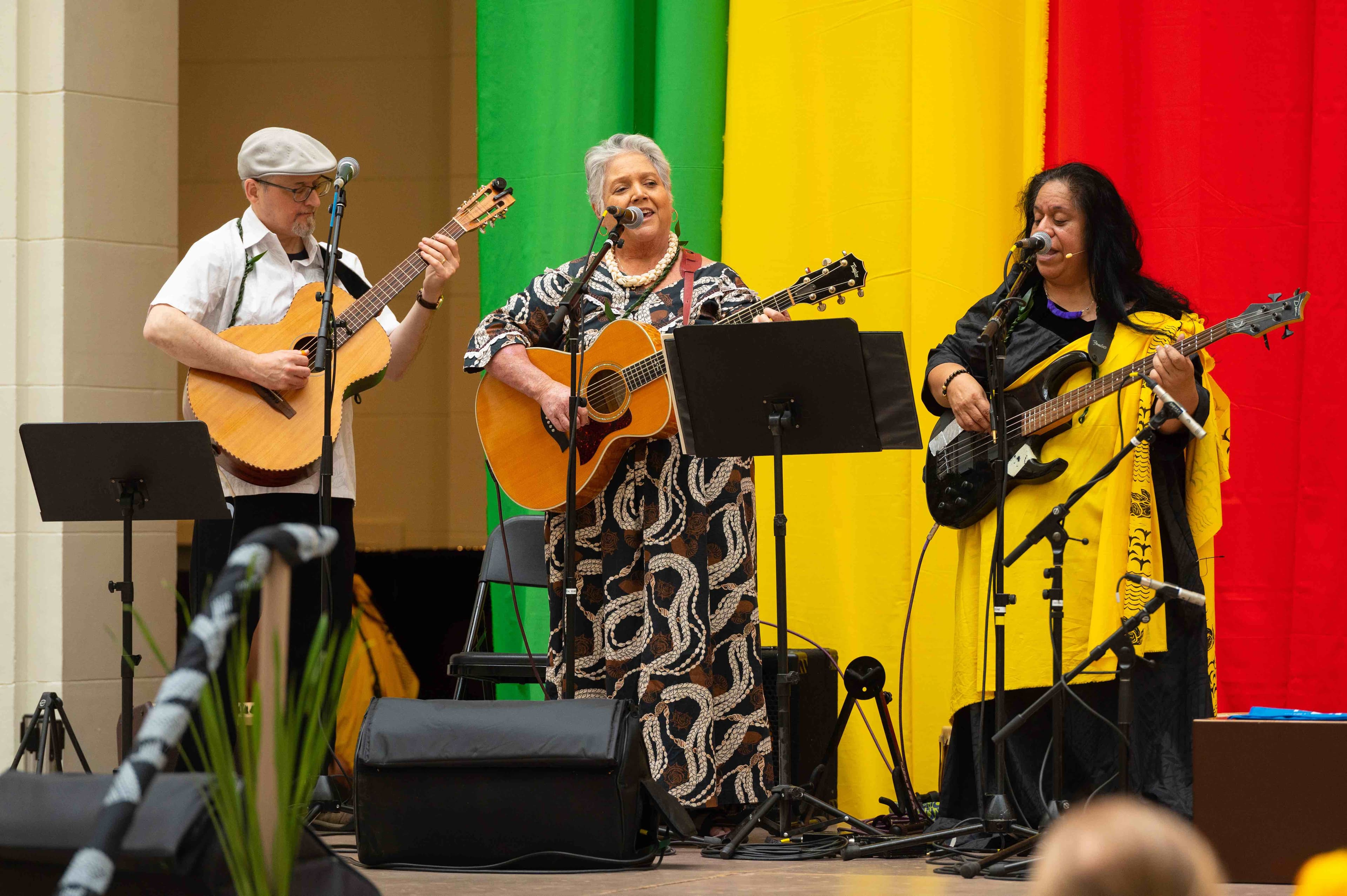 Three performers sing and play guitars on a stage, with green, yellow, and red banners behind them.